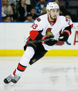 Feb 23, 2016; Edmonton, Alberta, CAN; Ottawa Senators forward Mika Zibanejad (93) skates against the Edmonton Oilers at Rexall Place. Mandatory Credit: Perry Nelson-USA TODAY Sports