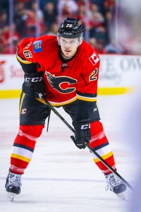 Mar 9, 2016; Calgary, Alberta, CAN; Calgary Flames defenseman Tyler Wotherspoon (26) during the face off against the Nashville Predators during the second period at Scotiabank Saddledome. Calgary Flames won 3-2. Mandatory Credit: Sergei Belski-USA TODAY Sports