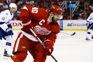 Apr 17, 2016; Detroit, MI, USA; Detroit Red Wings left wing Henrik Zetterberg (40) skates with the puck during the second period against the Tampa Bay Lightning in game three of the first round of the 2016 Stanley Cup Playoffs at Joe Louis Arena. Mandatory Credit: Rick Osentoski-USA TODAY Sports
