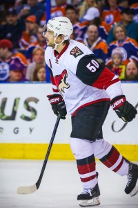 Mar 12, 2016; Edmonton, Alberta, CAN; Arizona Coyotes center Antoine Vermette (50) celebrates his goal against the Edmonton Oilers during the third period at Rexall Place. Arizona Coyotes won 4-0. Mandatory Credit: Sergei Belski-USA TODAY Sports