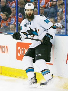 Mar 8, 2016; Edmonton, Alberta, CAN; San Jose Sharks defensemen Brent Burns (88) looks for a pass against the Edmonton Oilers at Rexall Place. Mandatory Credit: Perry Nelson-USA TODAY Sports