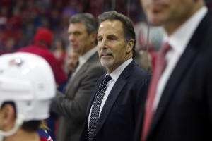 Jan 8, 2016; Raleigh, NC, USA; Columbus Blue Jackets head coach John Tortorella looks on against the Carolina Hurricanes from behind the bench during the first period at PNC Arena. The Carolina Hurricanes defeated the Columbus Blue Jackets 4-1. Mandatory Credit: James Guillory-USA TODAY Sports