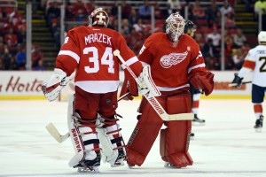 Oct 30, 2016; Detroit, MI, USA; Detroit Red Wings goalie Petr Mrazek (34) is pulled out and replaced by goalie Jimmy Howard (35) during the second period against Florida Panthers at Joe Louis Arena. Mandatory Credit: Tim Fuller-USA TODAY Sports