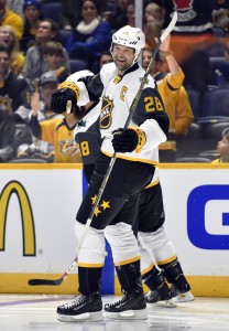 Jan 31, 2016; Nashville, TN, USA; Pacific Division forward John Scott (28) of the Montreal Canadiens celebrates after a goal during the 2016 NHL All Star Game at Bridgestone Arena. Mandatory Credit: Christopher Hanewinckel-USA TODAY Sports