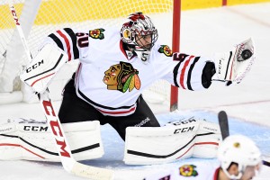 Nov 18, 2016; Calgary, Alberta, CAN; Chicago Blackhawks goalie <a rel=