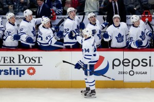 Dec 22, 2016; Denver, CO, USA; Toronto Maple Leafs center Auston Matthews (34) celebrates with teammates after scoring a goal in the first period against the Colorado Avalanche at the Pepsi Center. Mandatory Credit: Isaiah J. Downing-USA TODAY Sports