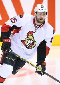 Mar 28, 2015; Toronto, Ontario, CAN; Ottawa Senators center Zack Smith (15) warms up before playing against the Toronto Maple Leafs at Air Canada Centre. Mandatory Credit: Tom Szczerbowski-USA TODAY Sports