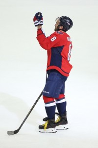 Jan 1, 2017; Washington, DC, USA; Washington Capitals left wing Alex Ovechkin (8) waves to the fans after defeating the Ottawa Senators 2-1 at Verizon Center. Mandatory Credit: Amber Searls-USA TODAY Sports