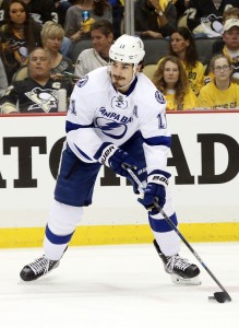 May 13, 2016; Pittsburgh, PA, USA; Tampa Bay Lightning center Brian Boyle (11) moves the puck against the Pittsburgh Penguins during the first period in game one of the Eastern Conference Final of the 2016 Stanley Cup Playoffs at the CONSOL Energy Center. The Lightning won 3-1. Mandatory Credit: Charles LeClaire-USA TODAY Sports