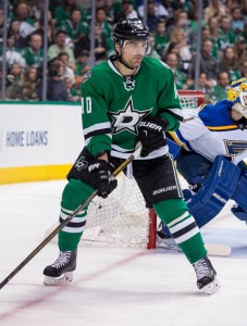May 1, 2016; Dallas, TX, USA; Dallas Stars left wing Patrick Sharp (10) skates against the St. Louis Blues during game two of the first round of the 2016 Stanley Cup Playoffs at the American Airlines Center. The Blues win 4-3 in overtime. Mandatory Credit: Jerome Miron-USA TODAY Sports