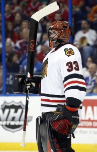 Mar 27, 2017; Tampa, FL, USA; Chicago Blackhawks goalie Scott Darling (33) looks on against the Tampa Bay Lightning during overtime at Amalie Arena. The Lightning won 5-4 in overtime. Mandatory Credit: Kim Klement-USA TODAY Sports