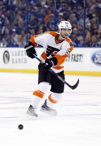 Nov 23, 2016; Tampa, FL, USA; Philadelphia Flyers defenseman Shayne Gostisbehere (53) passes the puck against the Tampa Bay Lightning during the third period at Amalie Arena. Tampa Bay Lightning defeated the Philadelphia Flyers 4-2. Mandatory Credit: Kim Klement-USA TODAY Sports