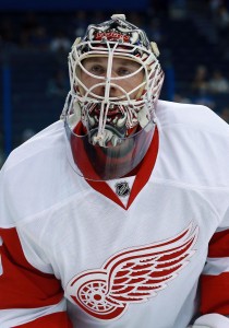 Apr 13, 2016; Tampa, FL, USA; Detroit Red Wings goalie Jimmy Howard (35) skates during warm ups in game one of the first round of the 2016 Stanley Cup Playoffs at Amalie Arena. Mandatory Credit: Kim Klement-USA TODAY Sports