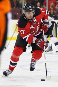 Apr 25, 2013; Newark, NJ, USA; New Jersey Devils right wing Ilya Kovalchuk (17) skates with the puck during the second period of their game against the Pittsburgh Penguins at the Prudential Center. Mandatory Credit: Ed Mulholland-USA TODAY Sports