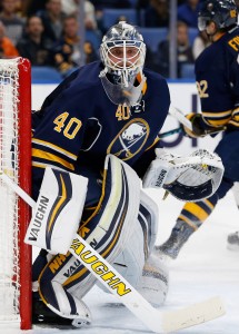 Dec 29, 2016; Buffalo, NY, USA;  Buffalo Sabres goalie Robin Lehner (40) against the Boston Bruins at KeyBank Center. Mandatory Credit: Timothy T. Ludwig-USA TODAY Sports