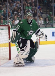 Mar 24, 2017; Dallas, TX, USA; Dallas Stars goalie Kari Lehtonen (32) faces the San Jose Sharks attack during the first period at the American Airlines Center. Mandatory Credit: Jerome Miron-USA TODAY Sports