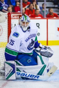 Dec 23, 2016; Calgary, Alberta, CAN; Vancouver Canucks goalie Jacob Markstrom (25) guards his net against the Calgary Flames during the second period at Scotiabank Saddledome. Mandatory Credit: Sergei Belski-USA TODAY Sports