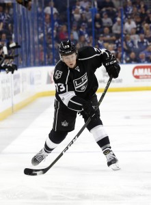 Feb 7, 2017; Tampa, FL, USA; Los Angeles Kings center Tyler Toffoli (73) passes the puck against the Tampa Bay Lightning during the third period at Amalie Arena. Tampa Bay Lightning defeated the Los Angeles Kings 5-0. Mandatory Credit: Kim Klement-USA TODAY Sports