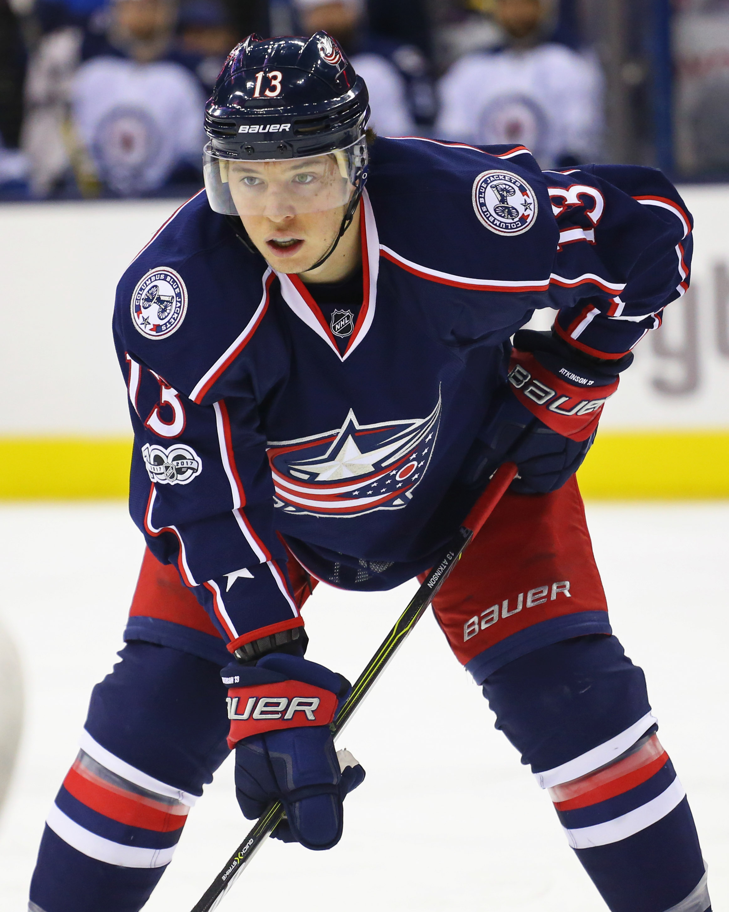 NOV 10, 2015: Columbus Blue Jackets right wing Cam Atkinson (13) wears a  camouflage jersey for Military Appreciation Night during warmups prior to a  NHL game between the Vancouver Canucks and the