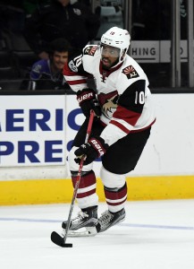 Mar 14, 2017; Los Angeles, CA, USA; Arizona Coyotes left wing Anthony Duclair (10) prepares to take a shoot the puck during a shootout in a NHL hockey game against the Los Angeles Kings at the Staples Center. The Coyotes defeated the Kings 3-2 in a shootout. Mandatory Credit: Kirby Lee-USA TODAY Sports