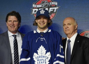 June 23, 2017; Chicago, IL, USA; Timothy Liljegren poses for photos after being selected as the number seventeen overall pick to the Toronto Maple Leafs in the first round of the 2017 NHL Draft at the United Center. Mandatory Credit: David Banks-USA TODAY Sports