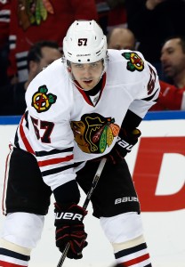 Jan 21, 2016; Tampa, FL, USA; Chicago Blackhawks defenseman Trevor van Riemsdyk (57) works out prior to the game against the Tampa Bay Lightning at Amalie Arena. Mandatory Credit: Kim Klement-USA TODAY Sports