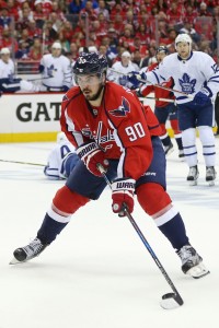 Apr 15, 2017; Washington, DC, USA; Washington Capitals center Marcus Johansson (90) skates with the puck against the Toronto Maple Leafs in game two of the first round of the 2017 Stanley Cup Playoffs at Verizon Center. Mandatory Credit: Geoff Burke-USA TODAY Sports