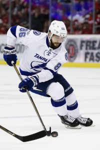 Mar 24, 2017; Detroit, MI, USA; Tampa Bay Lightning right wing Nikita Kucherov (86) skates with the puck in the third period against the Detroit Red Wings at Joe Louis Arena. Tampa Bay won 2-1 in overtime. Mandatory Credit: Rick Osentoski-USA TODAY Sports