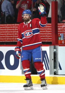 Mar 25, 2017; Montreal, Quebec, CAN; Montreal Canadiens defenseman Shea Weber (6) waves to the crowd as he is named third star of the game against Ottawa Senators at Bell Centre. Mandatory Credit: Jean-Yves Ahern-USA TODAY Sports