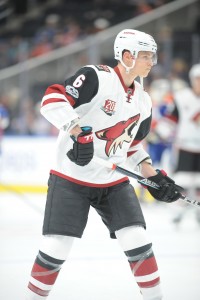 Jan 16, 2017; Edmonton, Alberta, CAN; Arizona Coyotes defenceman Jakob Chychrun (6) is seen out on the ice during the pre game warm-up as they get set to play against the Edmonton Oilers before the first period at Rogers Place. Mandatory Credit: Walter Tychnowicz-USA TODAY Sports