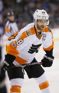 Mar 21, 2017; Winnipeg, Manitoba, CAN; Philadelphia Flyers center Claude Giroux (28) waits for the puck to drop during the first period against the Winnipeg Jets at MTS Centre. Mandatory Credit: Bruce Fedyck-USA TODAY Sports