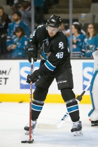 Apr 6, 2017; San Jose, CA, USA; San Jose Sharks center Tomas Hertl (48) warms up before the game against the Edmonton Oilers at SAP Center at San Jose. The Edmonton Oilers defeated the San Jose Sharks 4-2.  Mandatory Credit: Stan Szeto-USA TODAY Sports