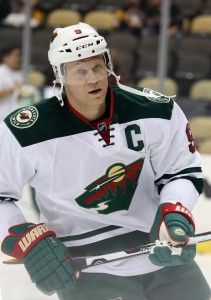 Nov 10, 2016; Pittsburgh, PA, USA; Minnesota Wild center Mikko Koivu (9) on the ice before playing the Pittsburgh Penguins at the PPG Paints Arena. Mandatory Credit: Charles LeClaire-USA TODAY Sports