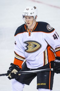 Apr 19, 2017; Calgary, Alberta, CAN; Anaheim Ducks defenseman Josh Manson (42) against the Calgary Flames during the second period in game four of the first round of the 2017 Stanley Cup Playoffs at Scotiabank Saddledome. Mandatory Credit: Sergei Belski-USA TODAY Sports