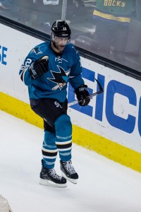 Apr 22, 2017; San Jose, CA, USA; San Jose Sharks center Patrick Marleau (12) celebrates after scoring a goal against the Edmonton Oilers during the third period in game six of the first round of the 2017 Stanley Cup Playoffs at SAP Center at San Jose. The Edmonton Oilers defeated the San Jose Sharks 3-1 to win the series. Mandatory Credit: Kelley L Cox-USA TODAY Sports