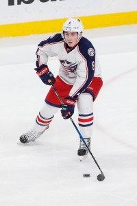 Dec 31, 2016; Saint Paul, MN, USA; Columbus Blue Jackets defenseman Zach Werenski (8) skates with the puck in the third period against the Minnesota Wild at Xcel Energy Center. The Columbus Blue Jackets beat the Minnesota Wild 4-2. Mandatory Credit: Brad Rempel-USA TODAY Sports