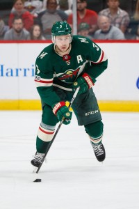 Sep 21, 2017; Saint Paul, MN, USA; Minnesota Wild forward Charlie Coyle (3) skates with the puck in the first period against the Winnipeg Jets at Xcel Energy Center. Mandatory Credit: Brad Rempel-USA TODAY Sports