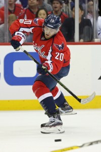 Apr 15, 2017; Washington, DC, USA; Washington Capitals center Lars Eller (20) passes the puck against the Toronto Maple Leafs in game two of the first round of the 2017 Stanley Cup Playoffs at Verizon Center. Mandatory Credit: Geoff Burke-USA TODAY Sports