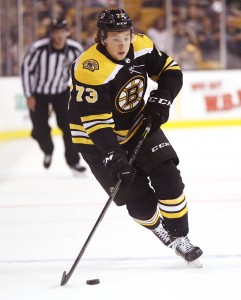 BOSTON, MA - SEPTEMBER 25: Charlie McAvoy #73 of the Boston Bruins skates against the Chicago Blackhawks during the first period at TD Garden on September 25, 2017 in Boston, Massachusetts. (Photo by Maddie Meyer/Getty Images)
