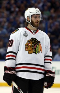 Jun 3, 2015; Tampa, FL, USA; Chicago Blackhawks left wing Brandon Saad (20) during the first period in game one of the 2015 Stanley Cup Final at Amalie Arena. Mandatory Credit: Kim Klement-USA TODAY Sports