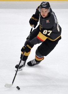 Oct 17, 2017; Las Vegas, NV, USA; Vegas Golden Knights center Vadim Shipachyov (87) skates with the puck during a game against the Buffalo Sabres at T-Mobile Arena. Mandatory Credit: Stephen R. Sylvanie-USA TODAY Sports