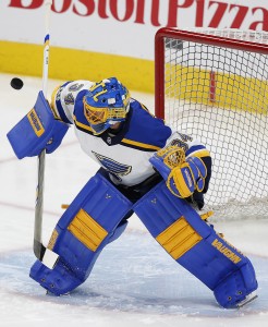 Nov 16, 2017; Edmonton, Alberta, CAN; St. Louis Blues goaltender Jake Allen (34) makes a save during warmups before a game against the Edmonton Oilers at Rogers Place. Mandatory Credit: Perry Nelson-USA TODAY Sports