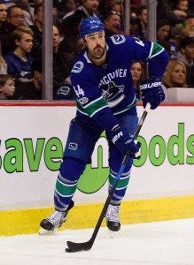 Nov 4, 2017; Vancouver, British Columbia, CAN; Vancouver Canucks defenseman Erik Gudbranson (44) awaits the start of play against the Pittsburgh Penguins during the second period at Rogers Arena. Mandatory Credit: Anne-Marie Sorvin-USA TODAY Sports