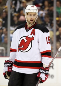 Dec 23, 2016; Pittsburgh, PA, USA;  New Jersey Devils center Travis Zajac (19) looks on against the Pittsburgh Penguins during the first period at the PPG PAINTS Arena. The Penguins won 4-1.Mandatory Credit: Charles LeClaire-USA TODAY Sports