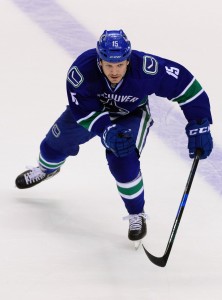 Nov 13, 2016; Vancouver, British Columbia, CAN;  Vancouver Canucks forward Derek Dorsett (15) skates against the Dallas Stars during the third period at Rogers Arena. The Vancouver Canucks won 5-4 in overtime. Mandatory Credit: Anne-Marie Sorvin-USA TODAY Sports