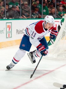 Nov 21, 2017; Dallas, TX, USA; Montreal Canadiens right wing Brendan Gallagher (11) skates against the Dallas Stars during the game at the American Airlines Center. The Stars defeat the Canadiens 3-1. Mandatory Credit: Jerome Miron-USA TODAY Sports