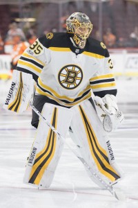 Dec 2, 2017; Philadelphia, PA, USA; Boston Bruins goalie Anton Khudobin (35) warms up against the Philadelphia Flyers at Wells Fargo Center. Mandatory Credit: Bill Streicher-USA TODAY Sports