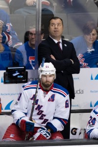 Mar 28, 2017; San Jose, CA, USA; New York Rangers head coach Alain Vigneault watches the game against the San Jose Sharks  in the third period at SAP Center at San Jose. The Sharks won 5-4 in overtime. Mandatory Credit: John Hefti-USA TODAY Sports