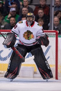 Dec 21, 2017; Dallas, TX, USA; Chicago Blackhawks goalie Corey Crawford (50) faces the Dallas Stars attack during the game at the American Airlines Center. The Stars shut out the Blackhawks 4-0. Mandatory Credit: Jerome Miron-USA TODAY Sports