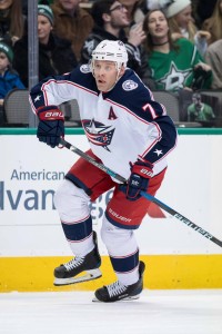 Jan 2, 2018; Dallas, TX, USA; Columbus Blue Jackets defenseman Jack Johnson (7) skates against the Dallas Stars during the game at the American Airlines Center. The Blue Jackets defeat the Stars 2-1. Mandatory Credit: Jerome Miron-USA TODAY Sports